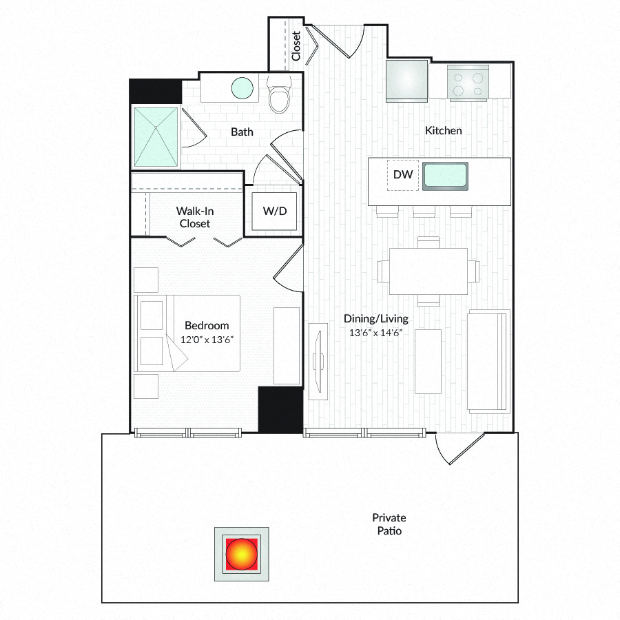 Floor plan for 1 bed, 1 bath, 679 sqft